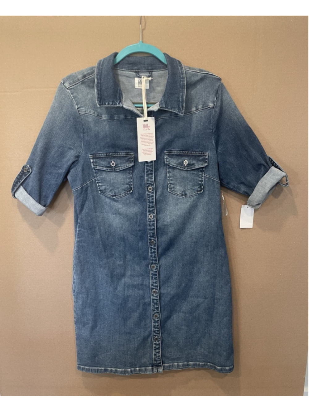 Wash Lab Women's Blue Jean Cotton Stretch Denim Midi Shirtdress Size Large - Picture 2 of 8